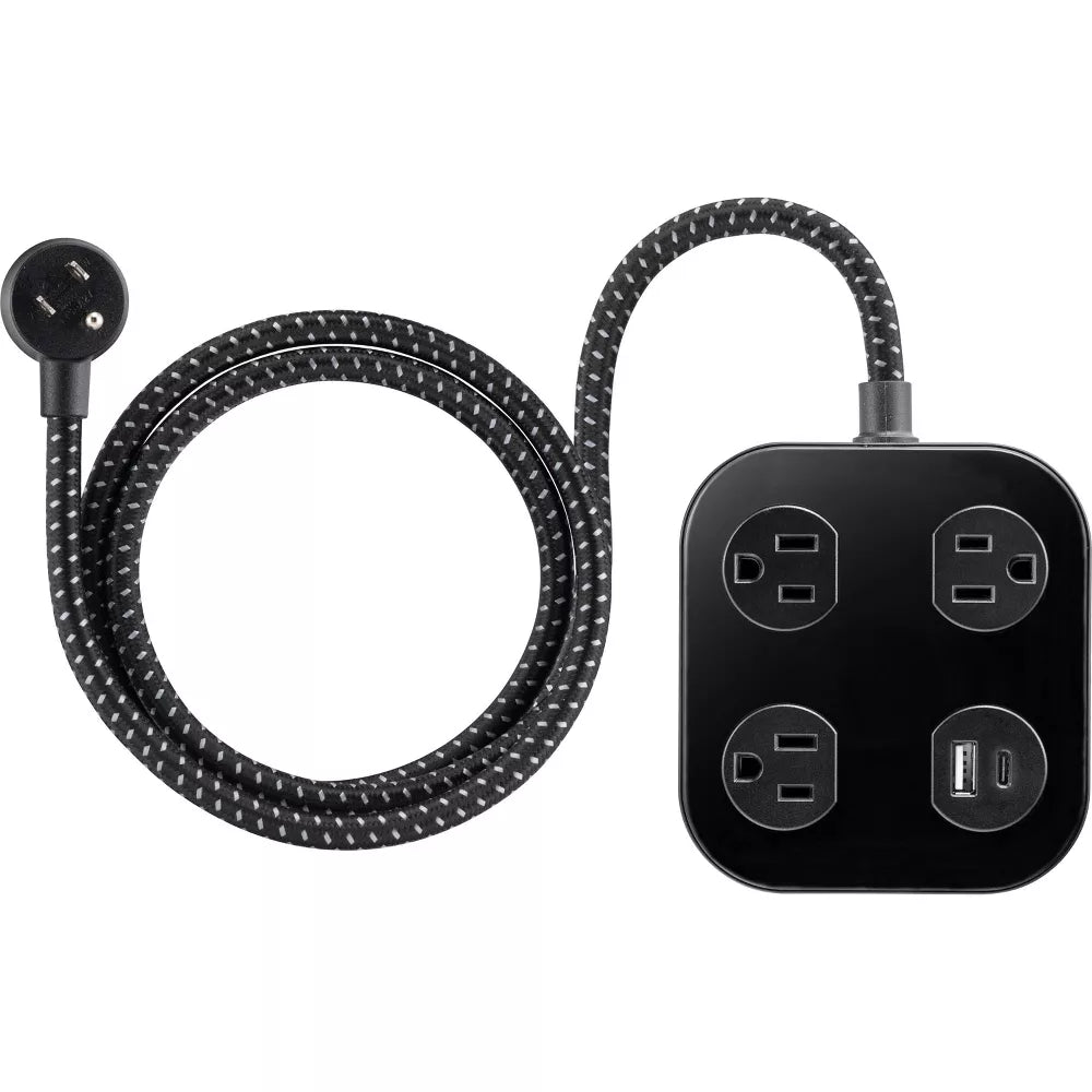 3‑Outlet Surge Protector with USB‑A USB‑C and 4ft Braided Cord